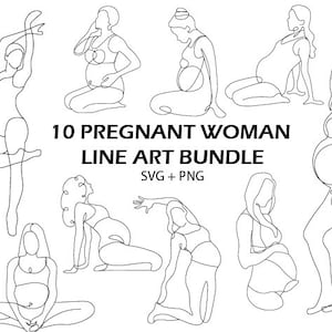 Kobieta w ciąży Line Art SVG Sylwetka w ciąży PNG Matka Line Art na Dzień Matki Rysowane ręcznie Minimalistyczna sztuka ciążowa Joga Doodle