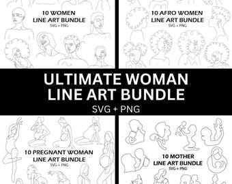 May include: A digital download of 40 line art illustrations of women. The illustrations are divided into four categories: 10 women, 10 Afro women, 10 pregnant women, and 10 mothers. The illustrations are in black and white and are perfect for use in digital projects, such as social media graphics, website design, and printable art.