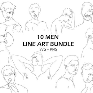Könnte beinhalten: Ein Set mit 10 Line-Art-Illustrationen von Männergesichtern und -körpern. Die Illustrationen sind in Schwarzweiß gehalten und in einem minimalistischen Stil gezeichnet. Der Text "10 MEN LINE ART BUNDLE SVG + PNG" ist im Bild enthalten.
