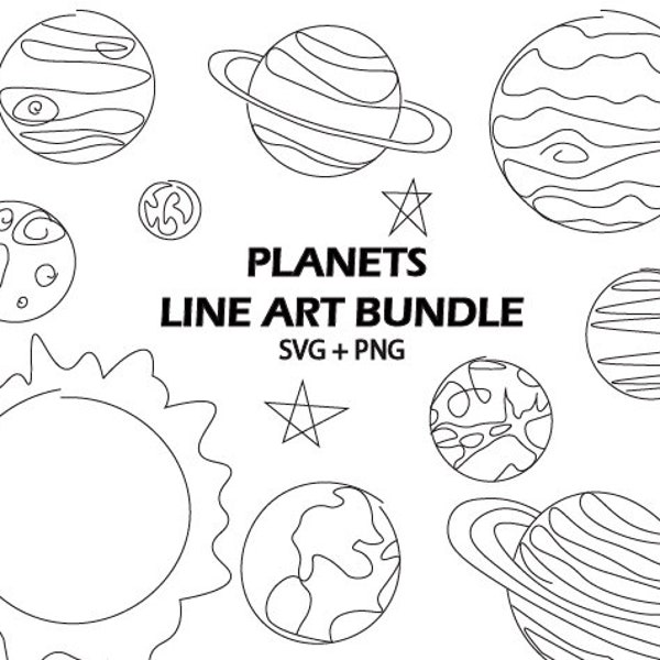 Planet Line Art SVG Bundle Solar System PNG Planet Cut File Minimalist Universe Galaxy Outline Simple Solar System Digital Stamp Hand Drawn