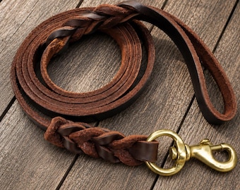 Correa de cuero trenzado para perros, hecha a mano con gancho de cobre resistente, correa grande para pasear perros.