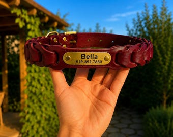 Collar para perro de cuero trenzado personalizado, placa con nombre grabada, accesorio a medida, cuero genuino de plena flor, tallas L y XL.