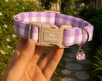 Collar para perro de cuadros vichy lavanda, accesorio ajustable para cachorros, collar suave para mascotas con dije