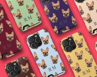 Funda personalizada para teléfono con iniciales, foto de mascota y tarjetero, regalo para amantes de los perros.
