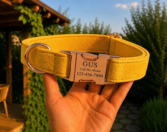 Collar de terciopelo personalizado para perro, placa con nombre grabada, accesorio personalizado para mascotas