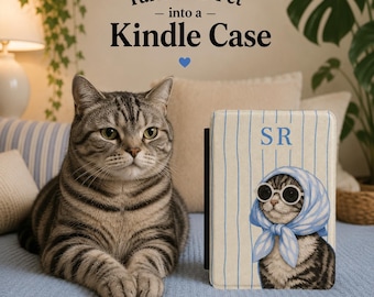 Funda Kindle a rayas personalizada con el retrato y las iniciales de tu mascota.