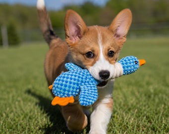 Peluche de pato para perros / Juguete masticable suave y chirriante para cachorros / Peluche interactivo duradero con textura de puntos azules para mascotas