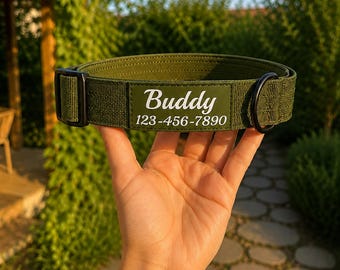 Collar táctico personalizado para perros, ajustable, de nailon militar, con hebilla metálica resistente.
