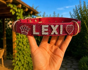 Collar para perro personalizado con diamantes de imitación y dijes, collar brillante de cuero sintético con nombre personalizado