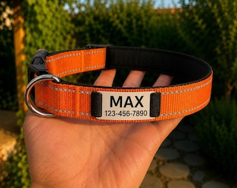 Collar reflectante personalizado para perros, placa con nombre grabada a medida para aventuras al aire libre.