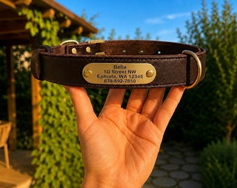 Collier pour chien en cuir personnalisé, plaque signalétique gravée, accessoire personnalisé pour animal de compagnie, cuir véritable pleine fleur