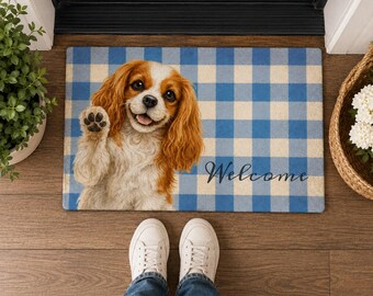 Felpudo personalizado de cuadros vichy para perros, felpudo de bienvenida personalizado para mascotas, alfombra de entrada estilo granja.