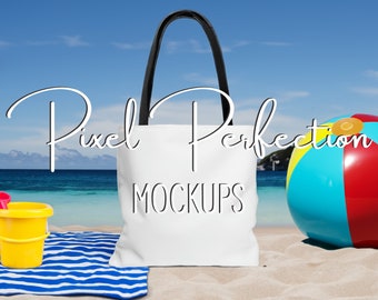 Tote Bag Mockup, Canvas Tote Bag Mock Up, Shopping Bag Mockup, Beach Tote Bag Mock Ups, Bag Mockup on a Beach Trip, White Bag Black Handle