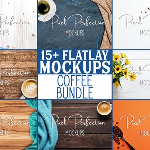 Może przedstawiać: Zbiór ponad 15 makiet flatlay z kubkami do kawy i ziarnami kawy na różnych tłach, w tym drewno, kamień i tkanina. Makiety idealnie nadają się do prezentowania produktów kawowych, marek lub treści w mediach społecznościowych. W obrazie widoczny jest tekst "Pixel Perfection Mockups" i "15+ Flatlay Mockups Coffee Bundle".