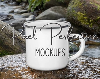 Outdoor Camping Mug Mockup, Riverside Camp Mug Mock Up, Camping Metal Enamel Mug Mock for Print on Demand, Outdoor Metal Coffee Mug