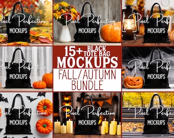 Black Tote Bag Mockup, Autumn Bundle, Shopping Tote Mockup, Black Canvas Tote Bag, Fall & Halloween Tote Bundle, POD Tote Mock-Up Bundle