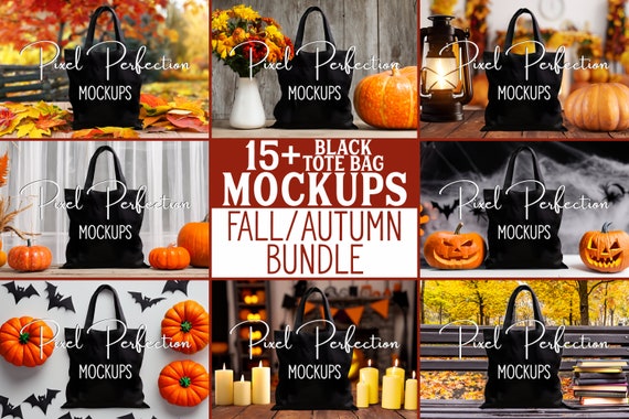 Black Tote Bag Mockup, Autumn Bundle, Shopping Tote Mockup, Black Canvas Tote Bag, Fall & Halloween Tote Bundle, POD Tote Mock-Up Bundle
