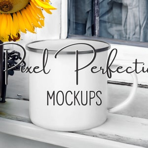 Sunflowers Enamel Mug Mockup, Camping Mug Mockup, 12oz Camping Mug Mockup, Camp Mug, Styled Stock Photo, Outdoor Mug Mockup, Stock Image