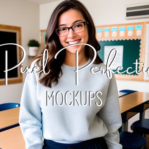 Teacher Mockup, Gildan 18000 Mockup, School Teacher Female Model, Elementary Math Science Teacher, Back to School Mockup, Brunette Model