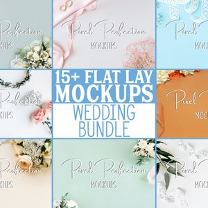 Może przedstawiać: Kolekcja ponad 15 płaskich makiet ślubnych z różnymi tłami i rekwizytami, w tym kwiatami, pierścionkami, butami i koronką. Na zdjęciu widnieje tekst "Pixel Perfection Mockups" i "15+ Flat Lay Mockups Wedding Bundle".