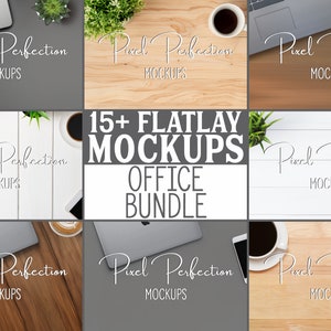 May include: A collection of 15+ office flatlay mockups featuring various office supplies, laptops, and coffee cups. The mockups are arranged on different surfaces, including wood, white, and gray. The text "Pixel Perfection Mockups" and "15+ Flatlay Mockups Office Bundle" is displayed on the image.