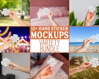 Sticker Mockup, Mock Up Bundle, Die Cut Sticker, Sticker Pack Mockup,  Sticker Bundle, Decal Mock Up, Female & Male Hand Model, Hand Holding