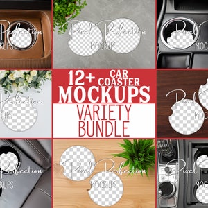 May include: A set of 12+ car coaster mockups in various settings, including a car interior, a wooden surface, and a white surface with flowers. The mockups feature a transparent circle for showcasing designs.