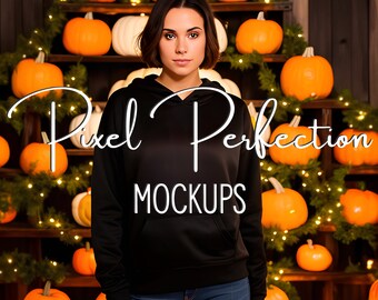 Gildan 18500 Halloween Mockup, Hoodie Mockup, Autumn Mockup, Hooded Sweatshirt Mock, Black Hoodie Mock, Spooky Mockup, Female Brunette Mock