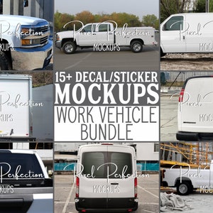 May include: A collection of 15+ white work vehicle mockups for decals and stickers. The mockups include a van, pickup truck, box truck, and a cargo van. The mockups are all in a clean, modern style and are perfect for showcasing your designs.