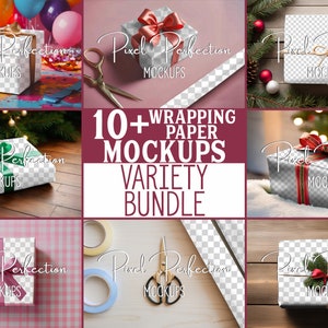 May include: A variety of gift box mockups with different wrapping paper designs and ribbon colors. The image includes the text "Pixel Perfection Mockups" and "10+ Wrapping Paper Mockups Variety Bundle".