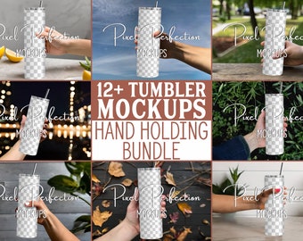 Tumbler in Hand Mockup Bundle, Person Holding Tumbler Mock Up, Skinny Tumbler Mockup, Tumbler Sublimation Mock, Easy to Edit with Canva