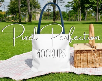 Navy Handle Tote Bag, AOP Tote Bag Mockup, Outdoor Picnic Mockup, Summer Mock Up, All Over Print Tote Bag, Mock Up Bag, MWW Tote Bag