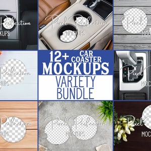 May include: A variety of car coaster mockups are displayed, showcasing different backgrounds such as car interiors, wood, and concrete. The text "12+ Car Coaster Mockups Variety Bundle" is visible. Each mockup features a coaster with a transparent center.