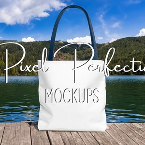 Navy Handle Tote Bag, AOP Tote Bag Mockup, Lake Dock Mockup, Summer Mock Up, All Over Print Tote Bag, Mock Up Bag, MWW Tote Bag