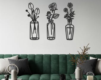 Modern Metal Flower Vase Wall Art, Botanical Line Decor (Set of 3)