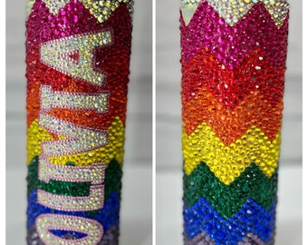 Custom Rainbow Chevron Rhinestone Tumbler