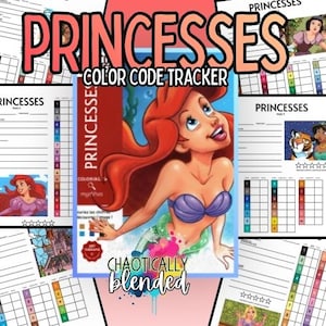 Pode incluir: Um livro de atividades digital Princesses Color Code Tracker com uma ilustração central de uma sereia ruiva com um top de conchas roxas. As páginas incluem grades codificadas por cores com números e letras, gráficos de personagens e o texto Princesses Color Code Tracker e Chaotically Blended.