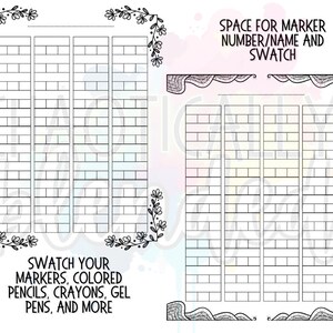 May include: A black and white marker swatch chart with space for marker names and swatches. The chart includes text that reads "Swatch your markers, colored pencils, crayons, gel pens, and more."