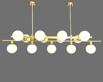 13 lights hand made pure raw brass mid century modern milk glass chandelier.