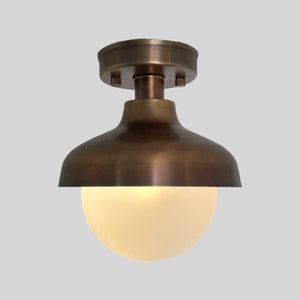 Handmade Brass Flush Mount with Antique Finish - Vintage Milk Glass Shade