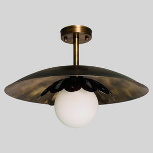 1930s Style Handmade Pure Brass Flush Mount Lamp with Milk  Glass - Antique Brass Finish - Vintage Customized Home Decor Lamp