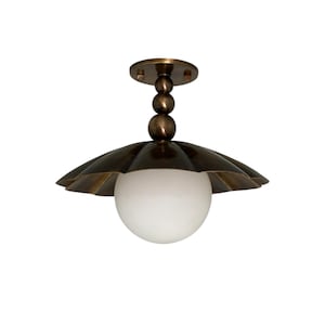 Handcrafted Brass Flush Mount Ceiling Light  Vintage Mid-Century Style Light Fixture with Frosted Globe Custom Low Ceiling Height Lighting