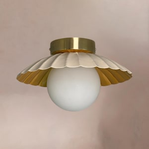Handmade Cream Milk Glass Flush Mount Ceiling Lamp - Brass & Metal - 12 Inches