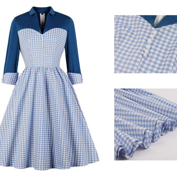 Vintage Gingham Kleid, Retro Midi Swing Kleid, Blaues Rockabilly Kleid