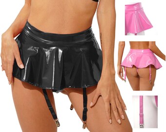 Minifalda micro, falda de látex rosa de imitación, ropa Dominatrix, falda de PVC