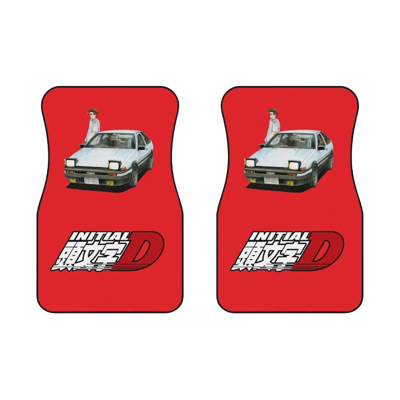 May include: Pair of red car floor mats featuring a white car graphic with a person standing next to it. The mats also have the text "INITIAL D" in white.