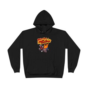 May include: Black hooded sweatshirt with a colourful graphic and the text "Brain Food: Pains of Function". The graphic shows two cartoon characters. The sweatshirt has a drawstring hood and a kangaroo pocket.