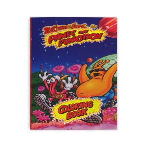 May include: A colouring book titled "ToeJam & Earl in Panic on Funkotron." The cover shows cartoon characters in a colourful, space-themed scene. The book has a red spine and a yellow and red "Coloring Book" banner.