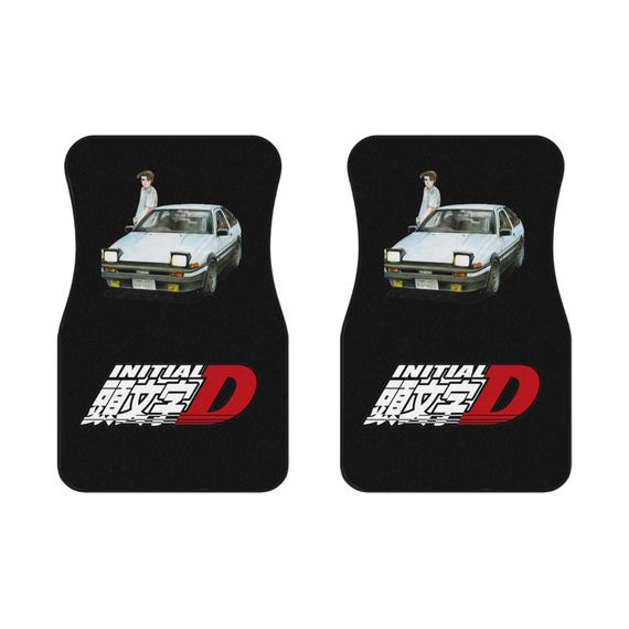 Initial D Anime AE86 Treuno  Non Slip Rubber Backing Set of 2 Front Car Mats Car Enthusiasts Racing Retro Japanese