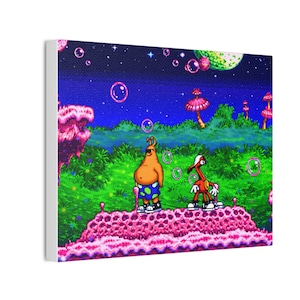 May include: A canvas print depicting a colourful, pixelated alien world with two cartoon characters. The scene includes pink bubble-like structures, green foliage, and a starry blue sky with bubbles floating throughout.